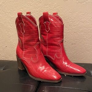 H&M Red Croc-Patterned Heeled Boots